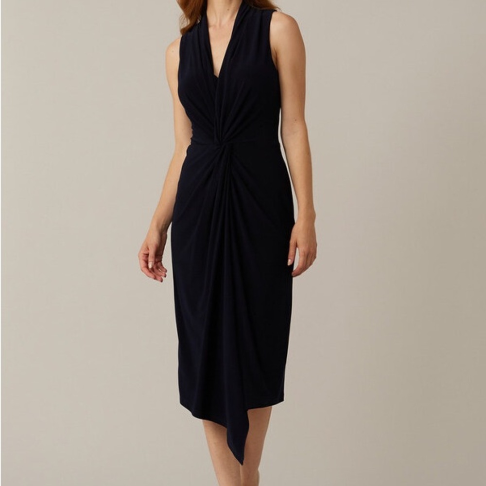 Joseph Ribkoff Midnight Blue Knot Front Draped V-Neck Midi Dress Size 10